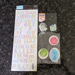 Gender Neutral Scrapbooking Lot 2 pads paper, Ribbons, Embellishments Lettering