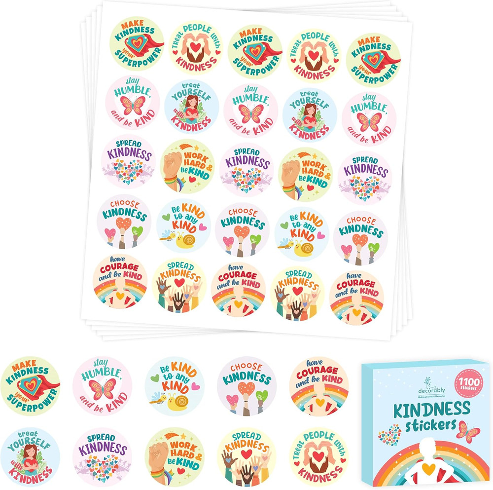 1100 Kindness Stickers for Kids – 44 Sheets with 10 Colorful Designs