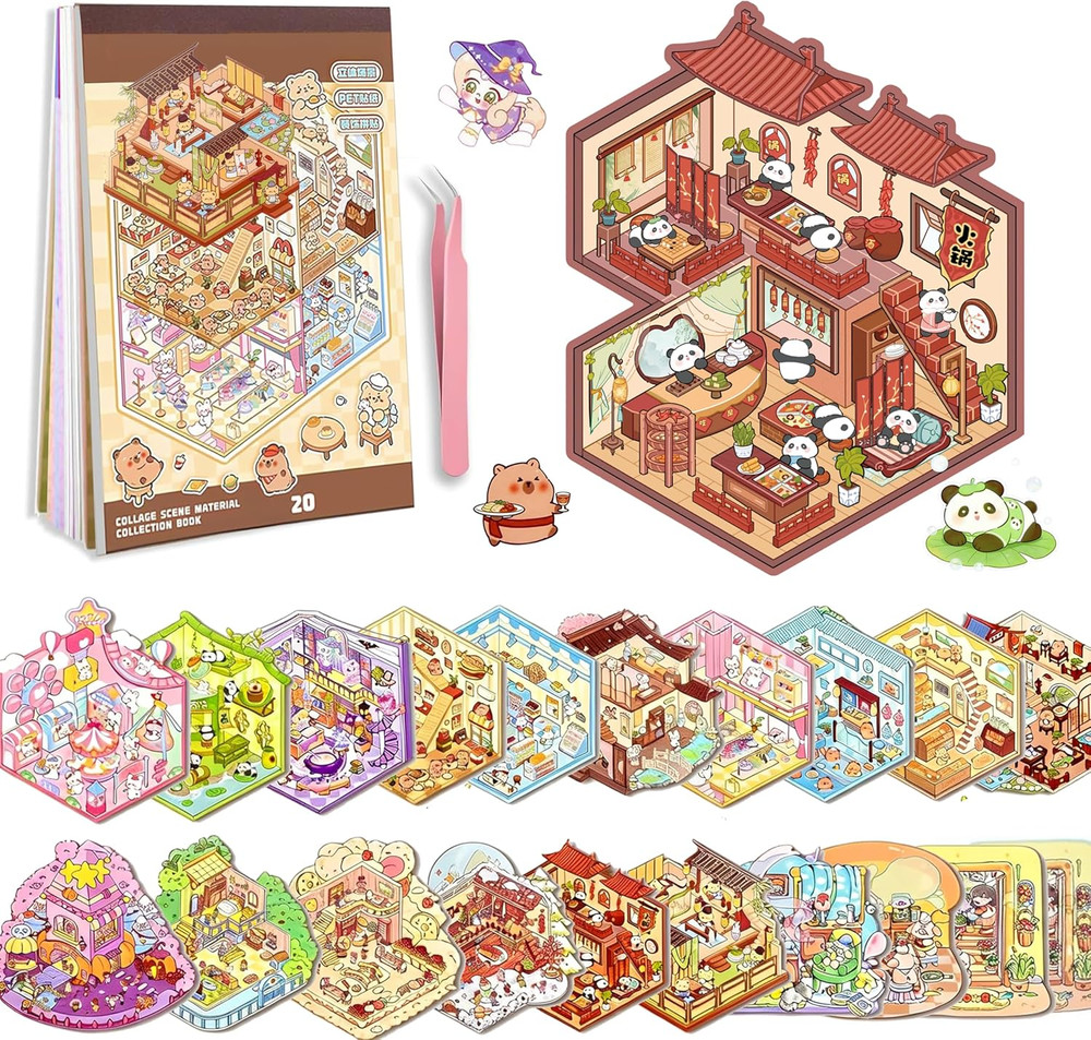 20 Sets DIY 3D Sticker Scene Book, Miniature House Pet Shop Room Stickers