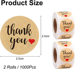 2 Rolls/1000Pcs Thank You Stickers Self Adhesive Kraft Paper Label Stickers for
