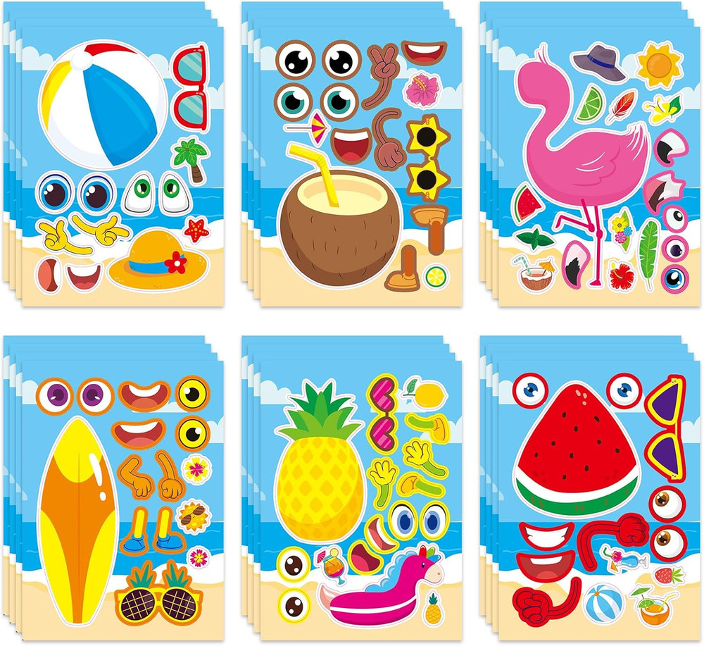 24 Sheets Make Your Own Summer Stickers, Funny Tropical Hawaii Make a Face Stick