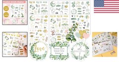 Romantic Gold-Green Waterproof Stickers Set – 8 Sheets for DIY Wedding Projects