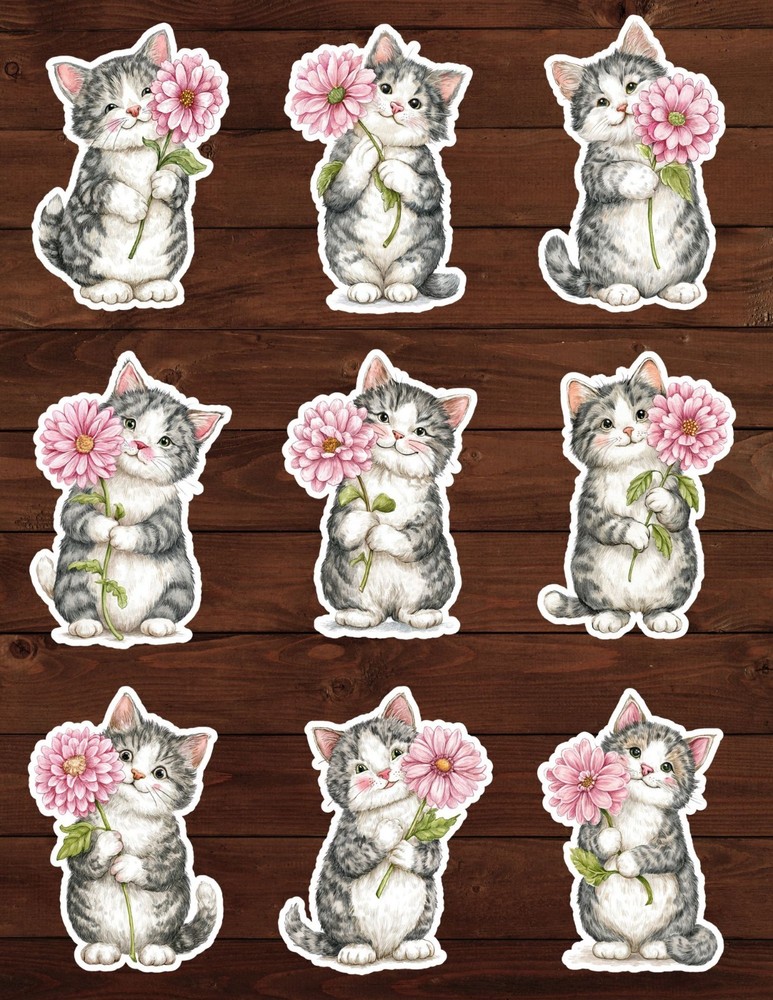Kitty With Pink Flower Die Cut Vinyl Stickers Scrapbooking Laptop Waterbottle
