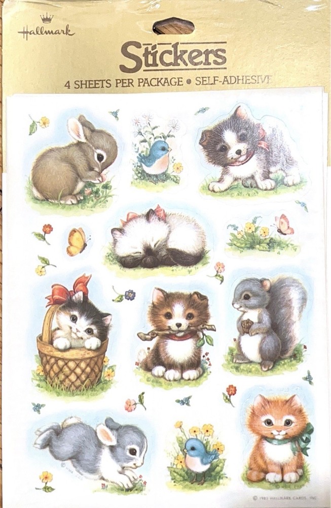 Hallmark Vintage 1983 Stickers Baby Animals Kitten Puppy Bunny Bird Sealed