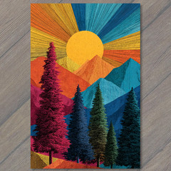 STICKER Sunset Mountains Colorful Pines Vintage Pop Landscape Art Style