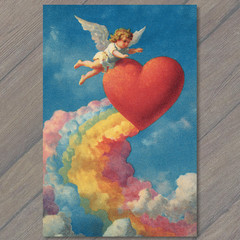 STICKER Flying Cupid Riding Red Heart Rainbow Clouds Valentine Sky