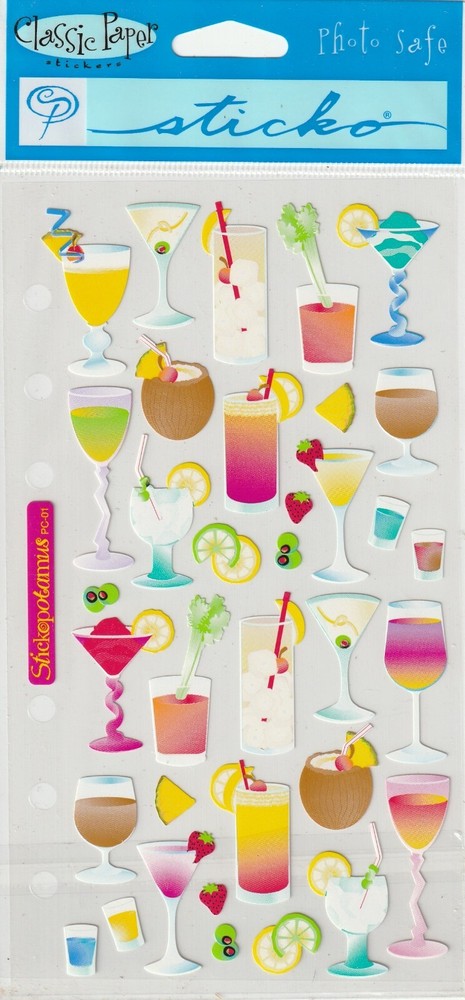 35 pc Vintage Sticko Classic Paper stickers COCKTAILS theme 49730 FAST FREE ship