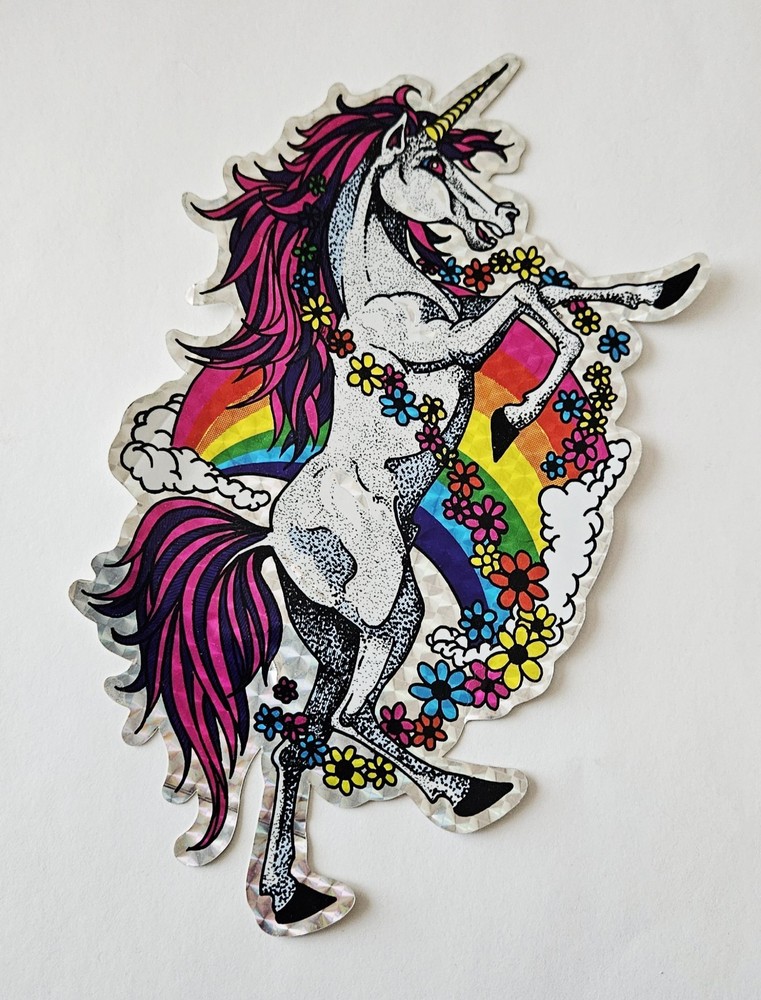 Vtg Bj Decal Jumbo Sticker Unicorn Prism Specialties 9″ giant rainbow flowers