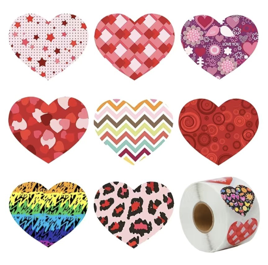500 pc Sticker Roll Bold Pattern Hearts Shaped Designs Semi Gloss Self Adhesive