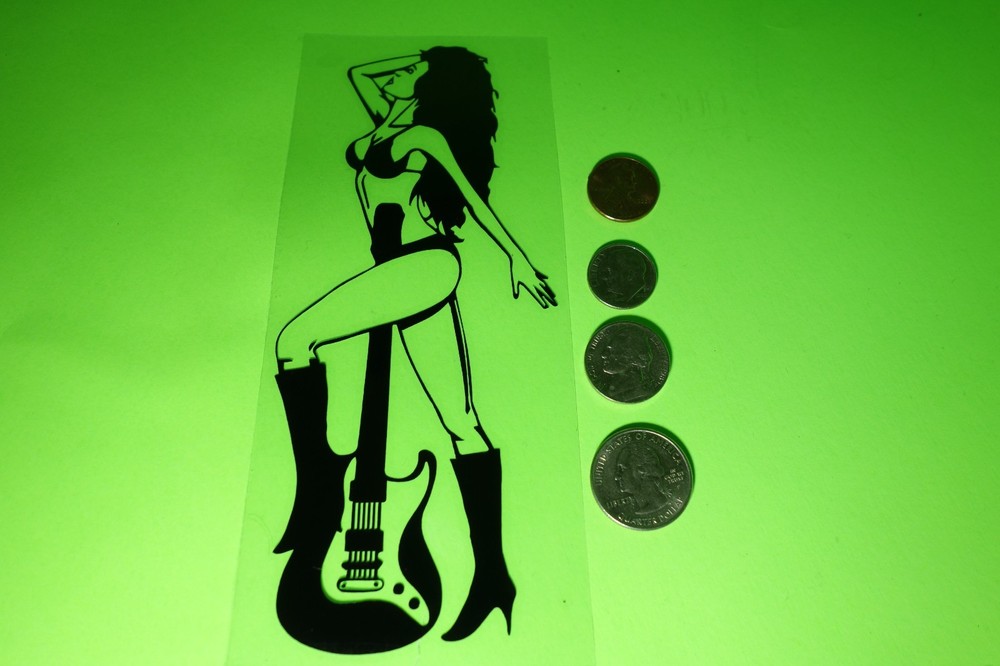 80s Rocker Chick Guitar Vinyl Sticker – Retro Pin-Up Rock Decal