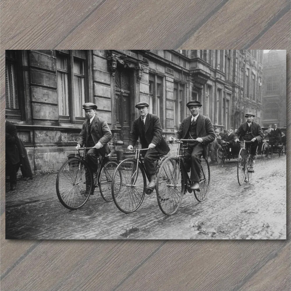 STICKER Men Riding Bicycles Old City Street Early 1900s Vintage Style Black Wh