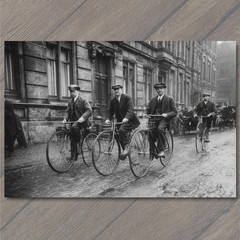 STICKER Men Riding Bicycles Old City Street Early 1900s Vintage Style Black Wh