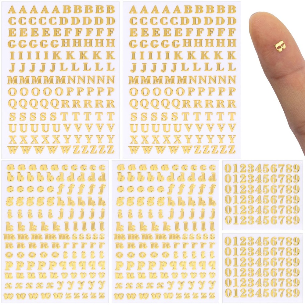 OIIKI 640pcs Small Metal Letter Number Stickers, 3D 0.16 inches, Gold