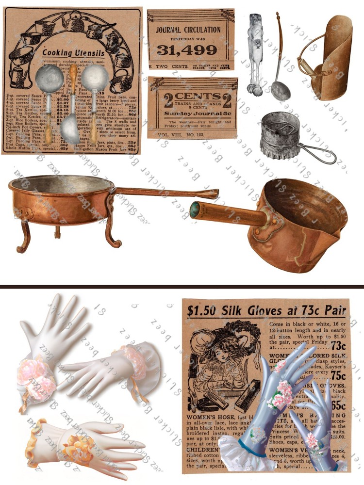 Vintage Gloves & Kitchen Tools Collage Supplies For Scrapbook Junk Journal Cards