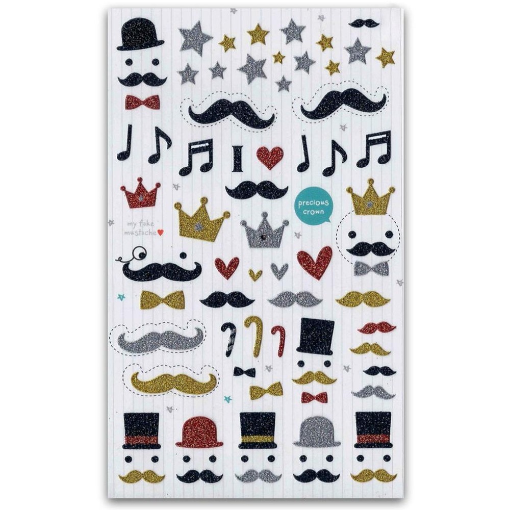 CUTE MUSTACHE GLITTER STICKERS Sheet Kid Craft Scrapbook NEW Sticker Moustache