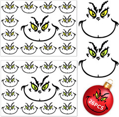 26 PCS Christmas Decorations Stickers, Yellow and Green Eyes Face Decals for Orn
