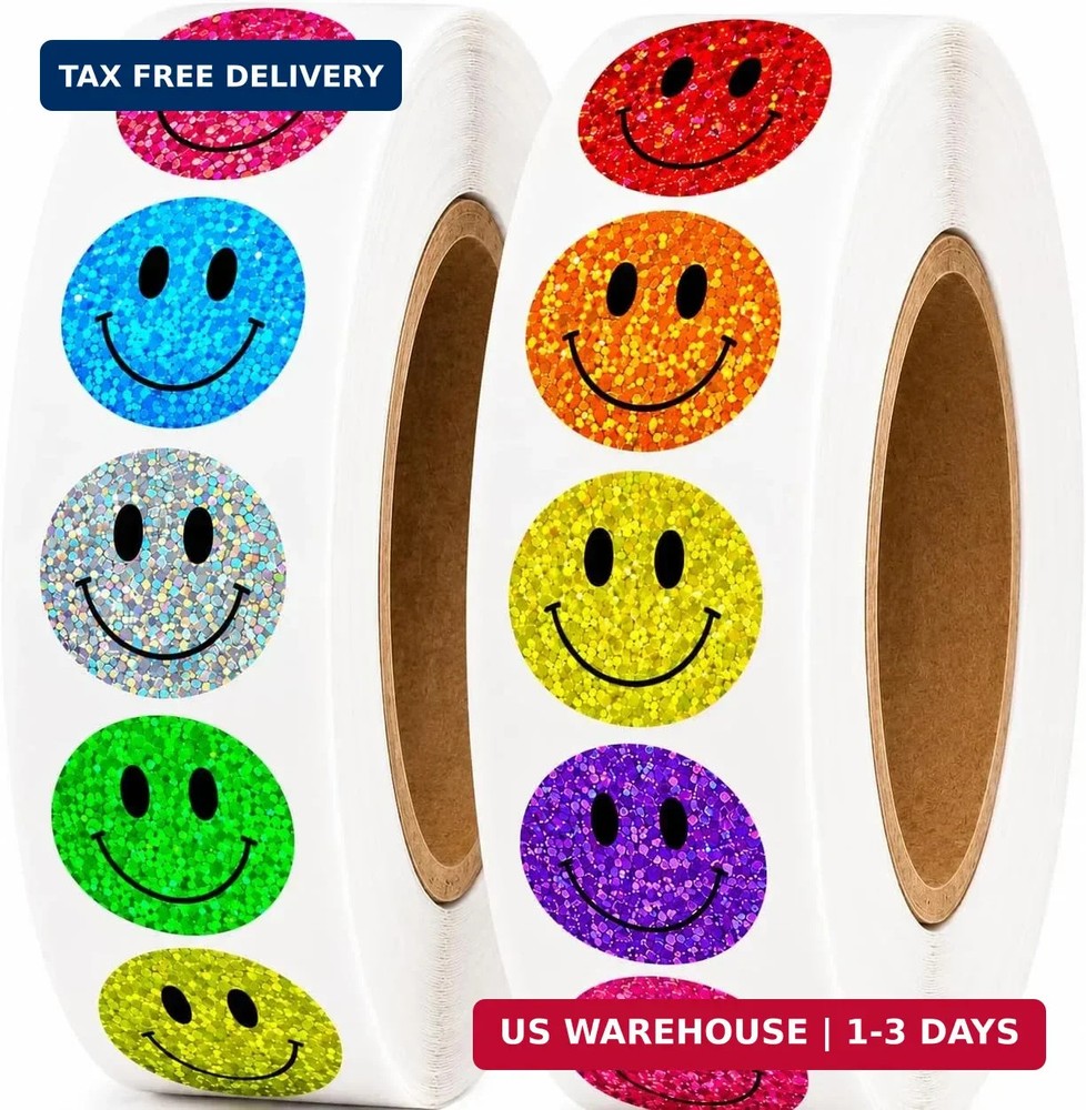 1000 PCS Glitter Smiley Face Stickers for Kids – 1 Inch Round Holographic Happy