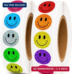 1000 PCS Glitter Smiley Face Stickers for Kids – 1 Inch Round Holographic Happy
