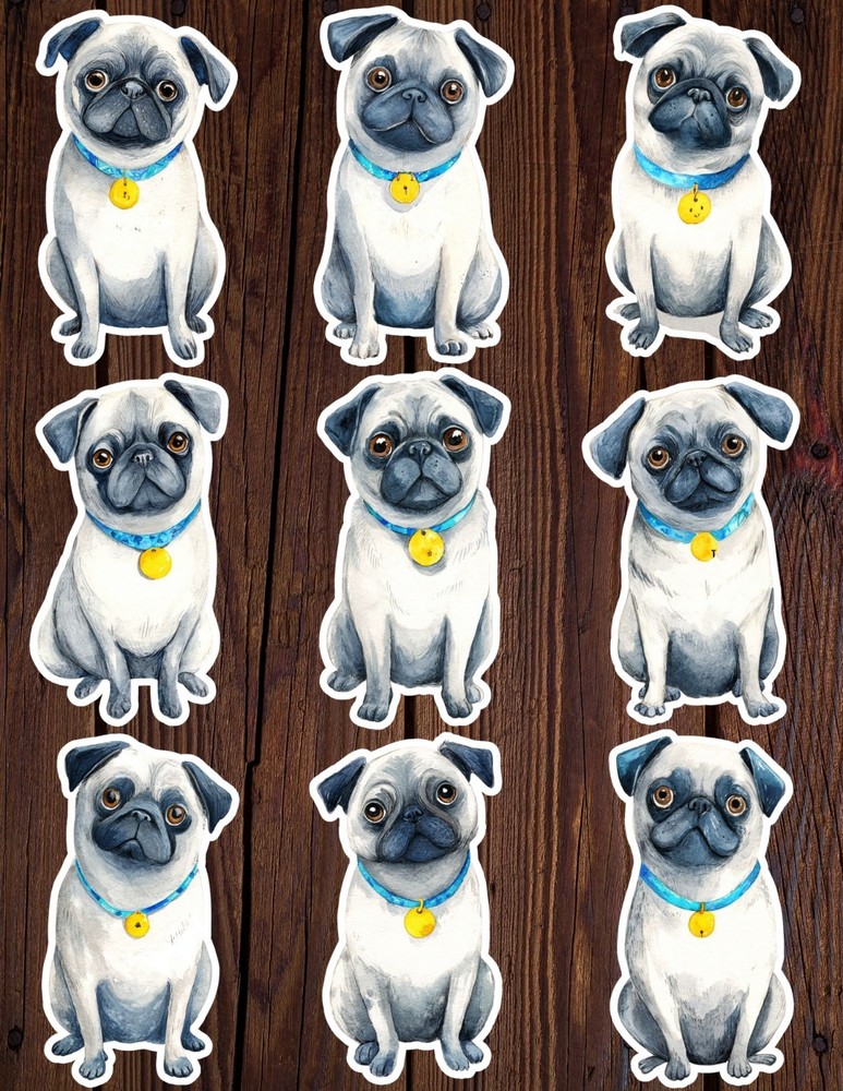 Black and White Pug Die Cut Vinyl Stickers Set Scrapbooking Laptop Water Bottle