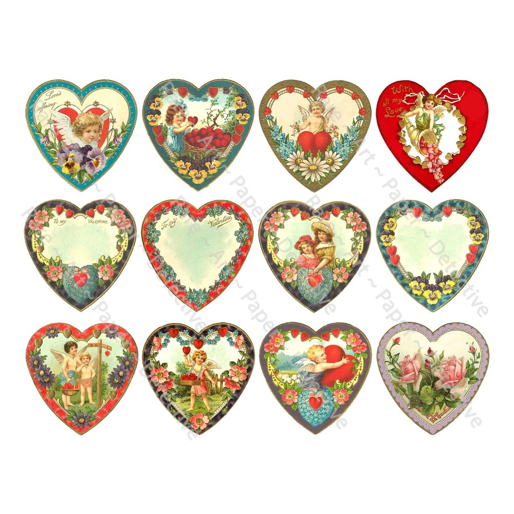 Valentine’s Day Hearts, Romantic Victorian Clip Art, CUT & PEEL STICKER SHEET