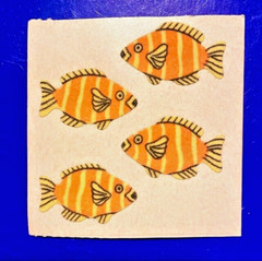 RARE VTG SANDYLION 80s FUZZY Flocked ORANGE & YELLOW FISH Sticker on Brown Paper