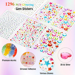 1296 Pcs Gem Stickers Rhinestones for Crafts, Sparkling Cute Star Heart round Sm