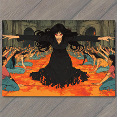 STICKER Woman Black Dress Red Eyes Fire Followers Lava Floor Cult Power