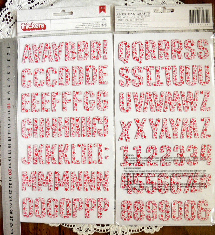ELLA Wht Red/Pink HEARTS Chipboard 108 Alphabet & Numbers 30mmHigh&5-27mmWide L7