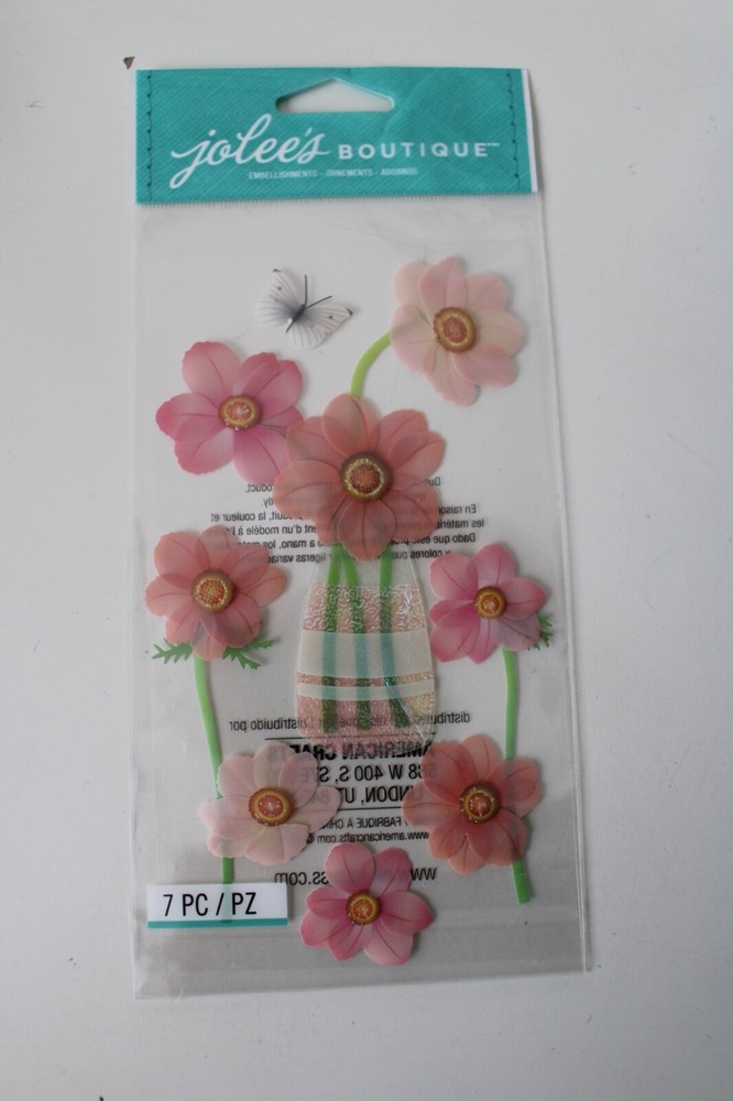 Jolee’s Boutique Embellishments Pink Flowers 7PC Vase Butterfly Scrapbooking Art
