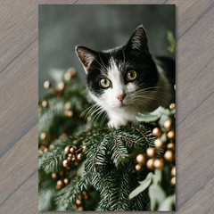 STICKER Black White Cat Christmas Pine Branches Holiday Gold Berries Festive
