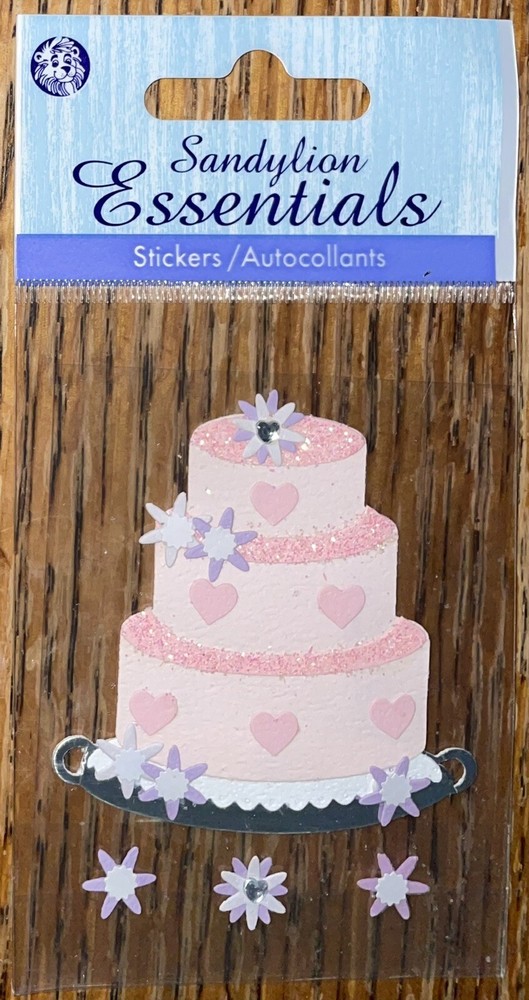 Essentials Pink Cake W/ Hearts & Purple White Flowers Wedding Scrapbook Stickers