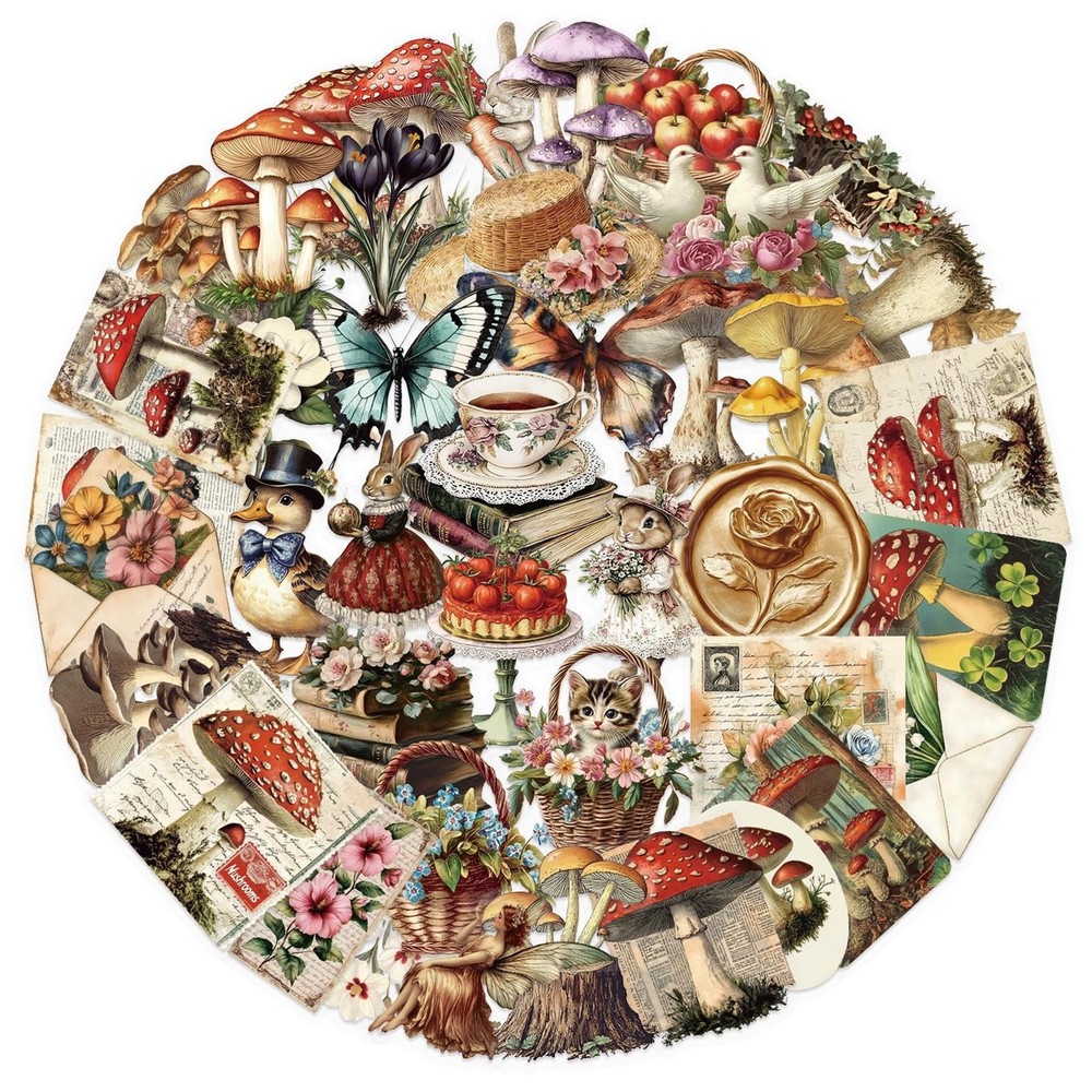 50PCS Vintage Mushroom Stickers PET Transparent Stickers Retro Flora and Fauna D