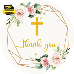 50 Count 2″ round Cross Thank You Stickers for Baptism First Holy Communion Reli