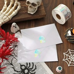 500 pc Sticker Seals Roll Holographic Foil Ghost Precut Eyes Mouth Self Adhesive