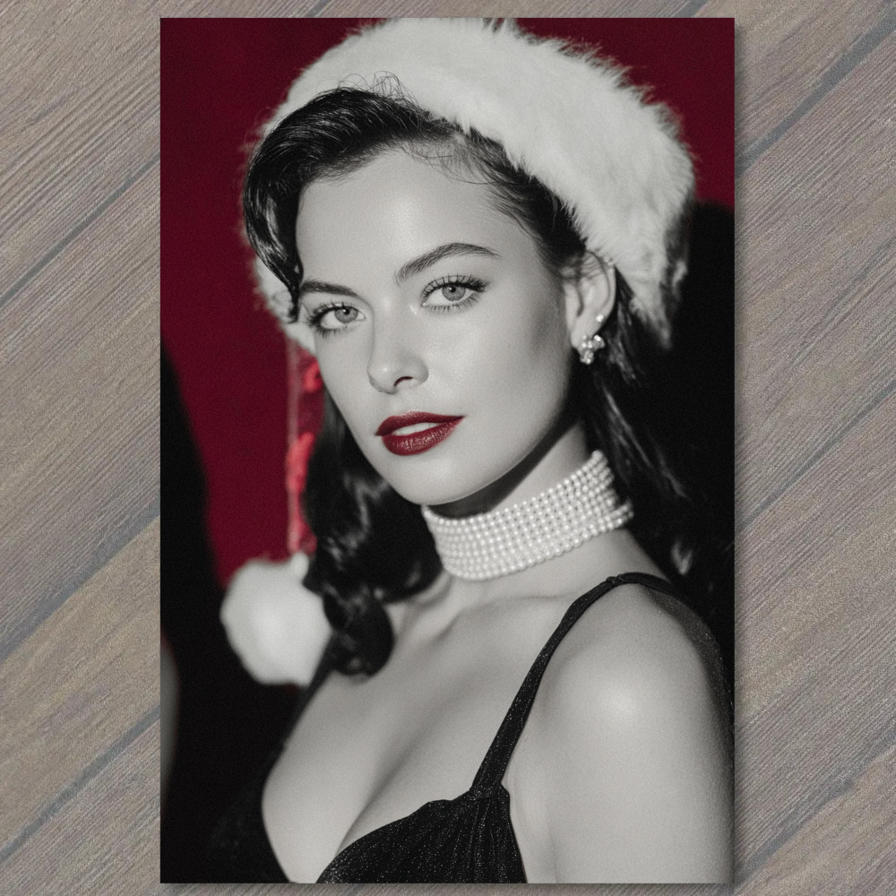 STICKER Retro Woman Santa Hat Red Lips Pearls Classic Glam Christmas