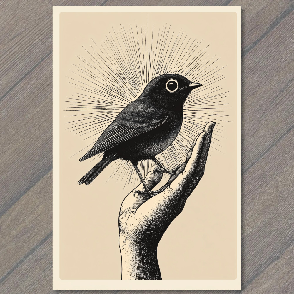 STICKER Sunburst Bird Hand Holding Orange Black Spiritual Mystical Surreal Art