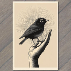 STICKER Sunburst Bird Hand Holding Orange Black Spiritual Mystical Surreal Art