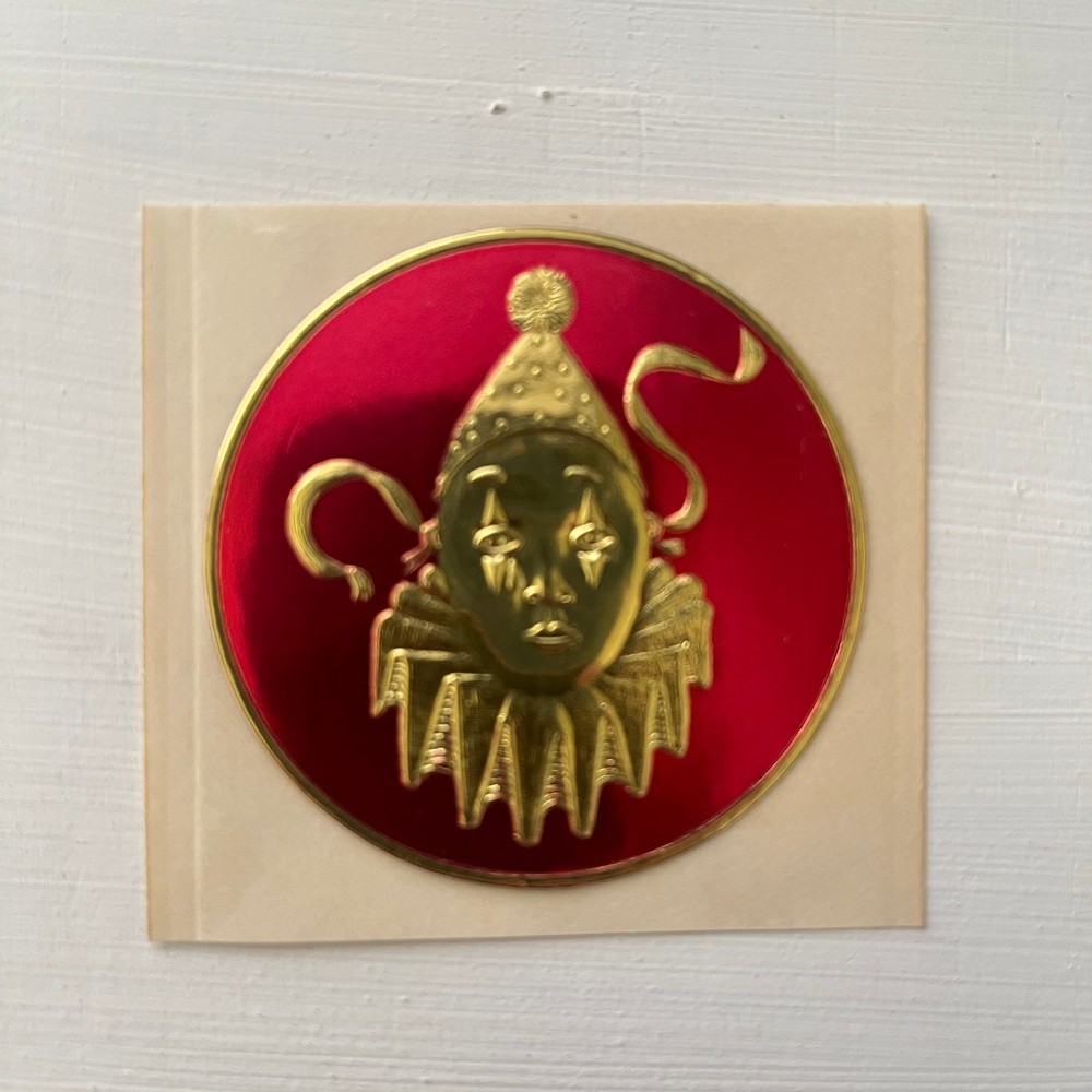 Vintage 80’s Illuminations Red Gold Clown Pierrot Embossed Foil Metallic Sticker