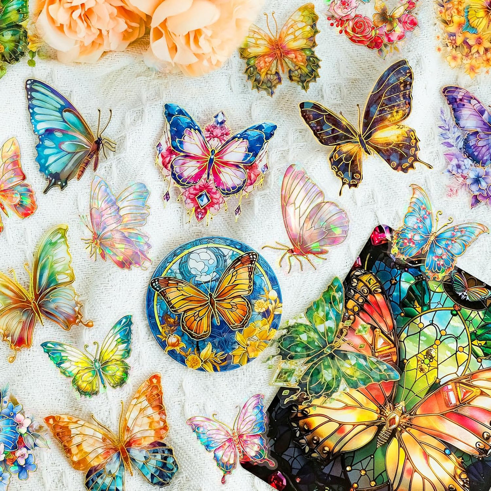 Holographic Gold Foil Butterfly Stickers – 30Pcs Transparent Aesthetic Colorful