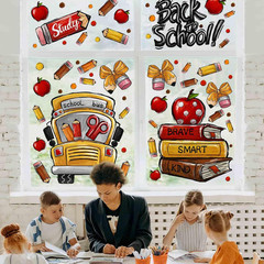8 Sheets Back to School Window Clings,Cute School Bus Pencils Apple Window Stick