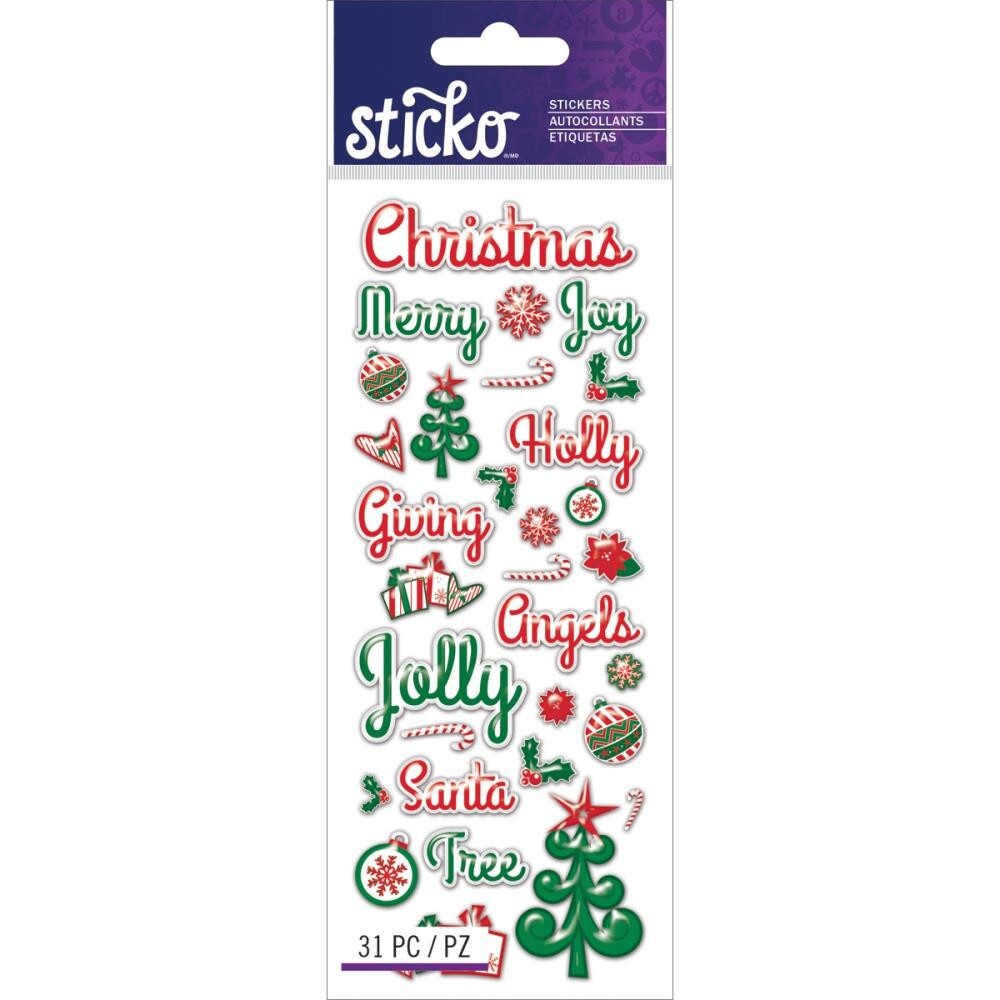 Stickers Sticko Red Green Epoxy Christmas Words Santa Tree Angels Jolly Holly
