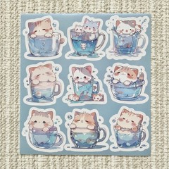 18 Cat in Cup Stickers, 1.75” Kawaii Kitten Waterproof Decals, Cats are Liquid