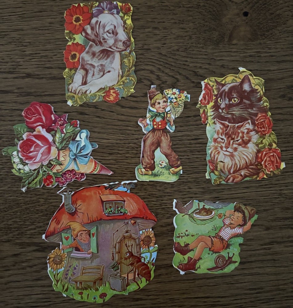Vintage Embossed Gummed Sticker Seals Lot Cats Dogs Flowers Fairy Tale Germany