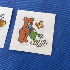 Vintage Rare 1980s Foil Stickers Bear Watering Flowers And Bee Smiling Flower