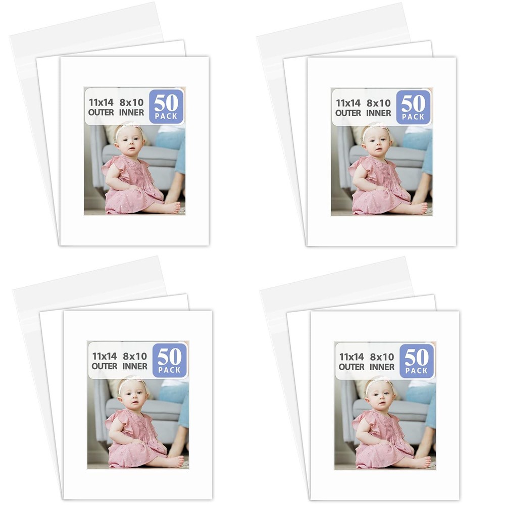 200 Pack 11×14 White Picture Mat Boards Fits 8×10 Acid-Free Backing + Clear Bags