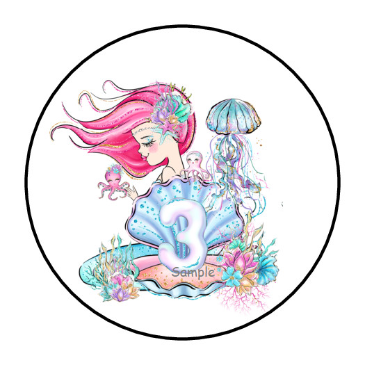 30 MERMAID 3RD THIRD BIRTHDAY ENVELOPE SEALS LABELS STICKERS 1.5″ ROUND OCEAN