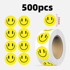 500 pcs Sticker Roll Yellow Tradition Happy Smile Face Semi Gloss Self Adhesive