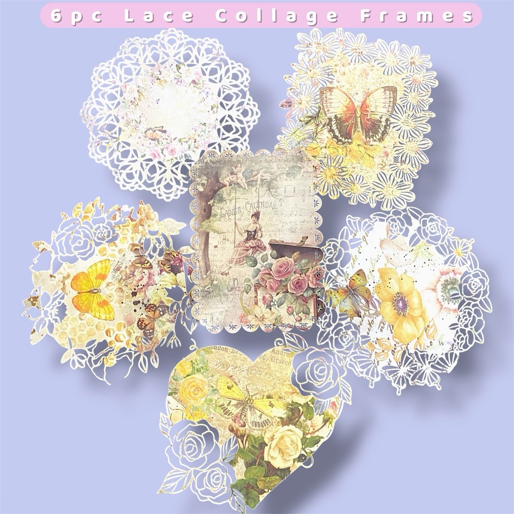 6pc Lace Collage Frames – Vintage Floral Ephemera for Scrapbook & Junk Journal