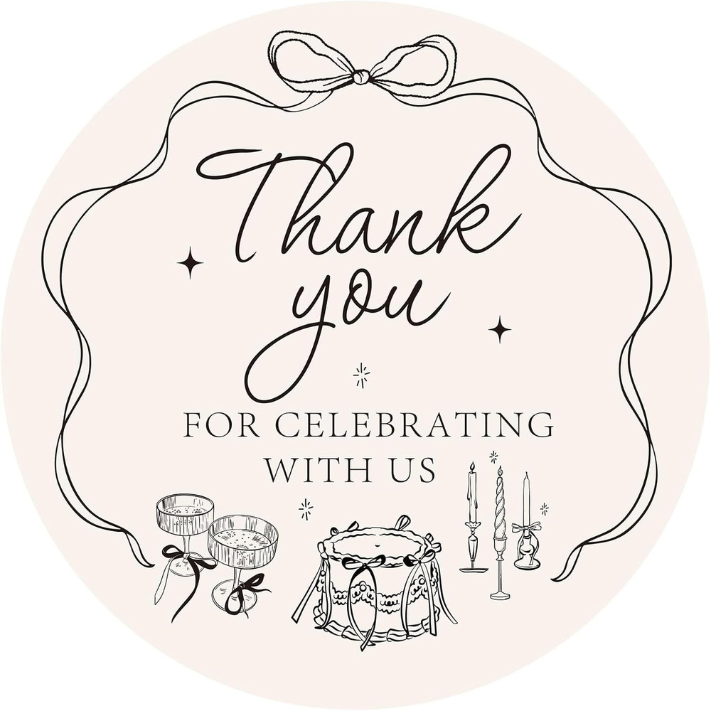 100Pcs Wedding Black Bow Thank You Stickers 2 Inch Coquette Bowknot Cake Champag