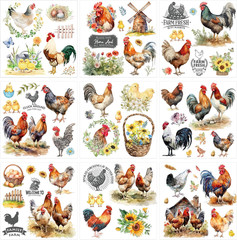 Rub on Transfers for Crafts Furnitures Stickers: 9 Pcs Roosters Rub on Transfer